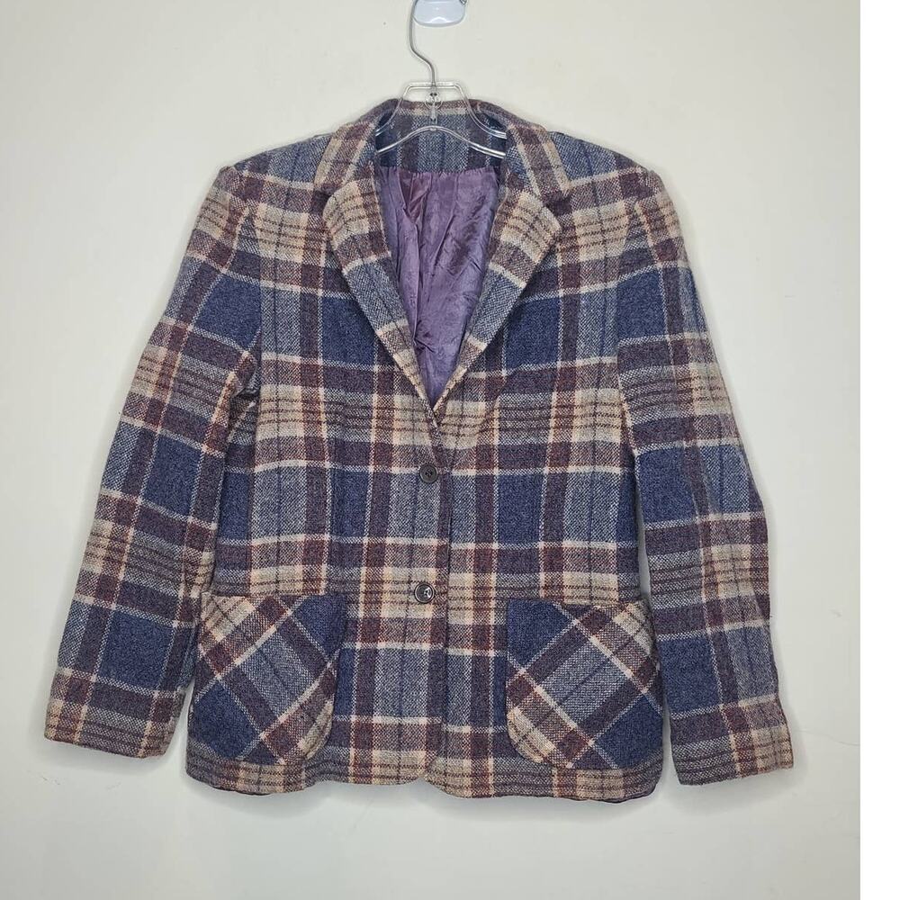Vintage Country Miss Surburbans tan blue plaid wool blazer - 8
